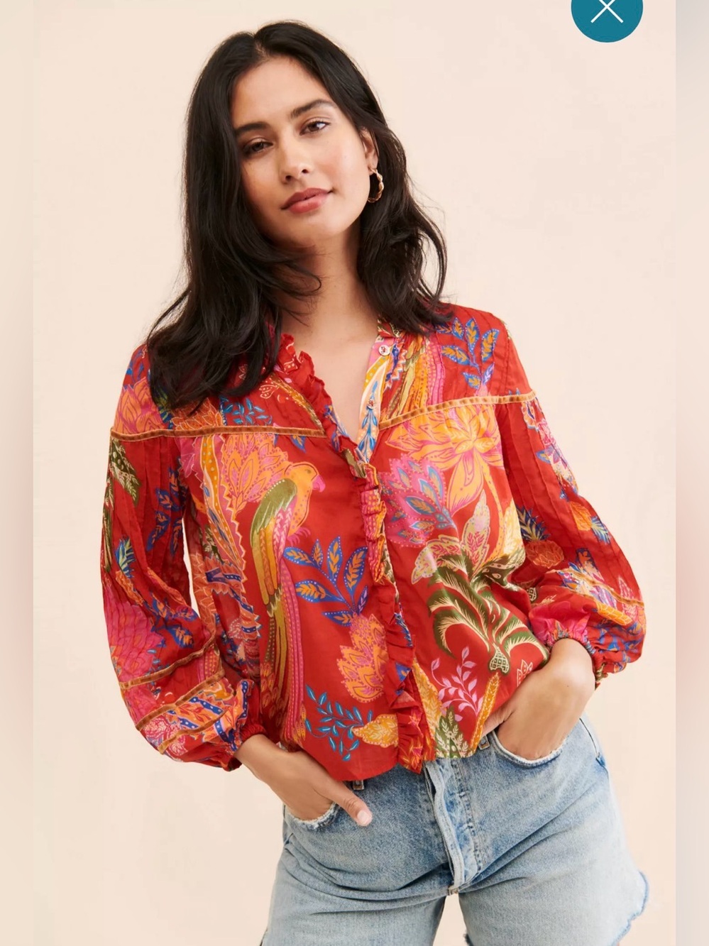 FARM Rio Red Tropical Pineapple Ruffle Blouse